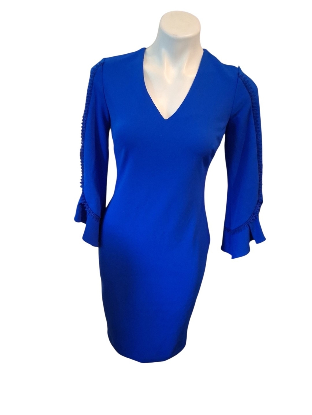 Calvin Klein Cobalt Blue V-Neck Ruffle Sleeve Sheath Dress
